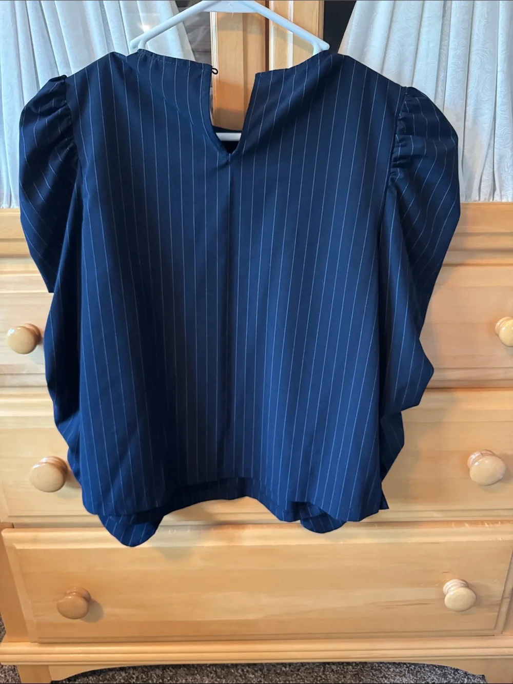 Zara Navy Pinstripe Puff-Sleeve Blouse
